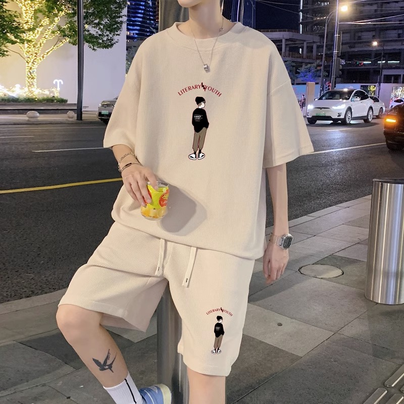 男士夏天套装休闲运动两件套青少年短袖T恤潮牌痞帅一套衣服夏季