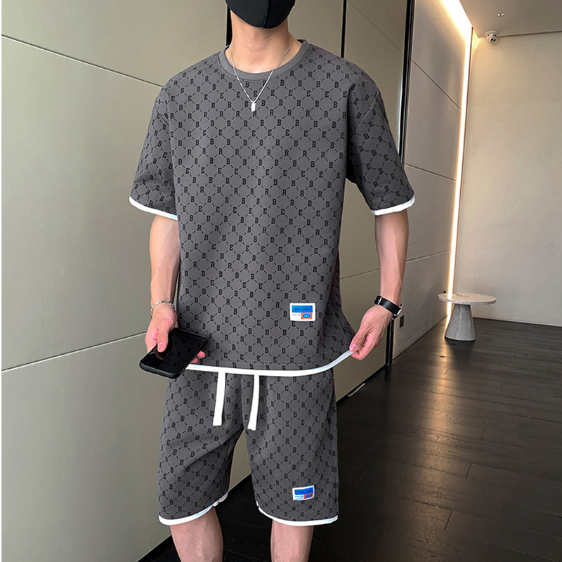 男士夏装套装短袖短裤两件套潮牌印花痞帅一套衣服夏季半袖t恤薄