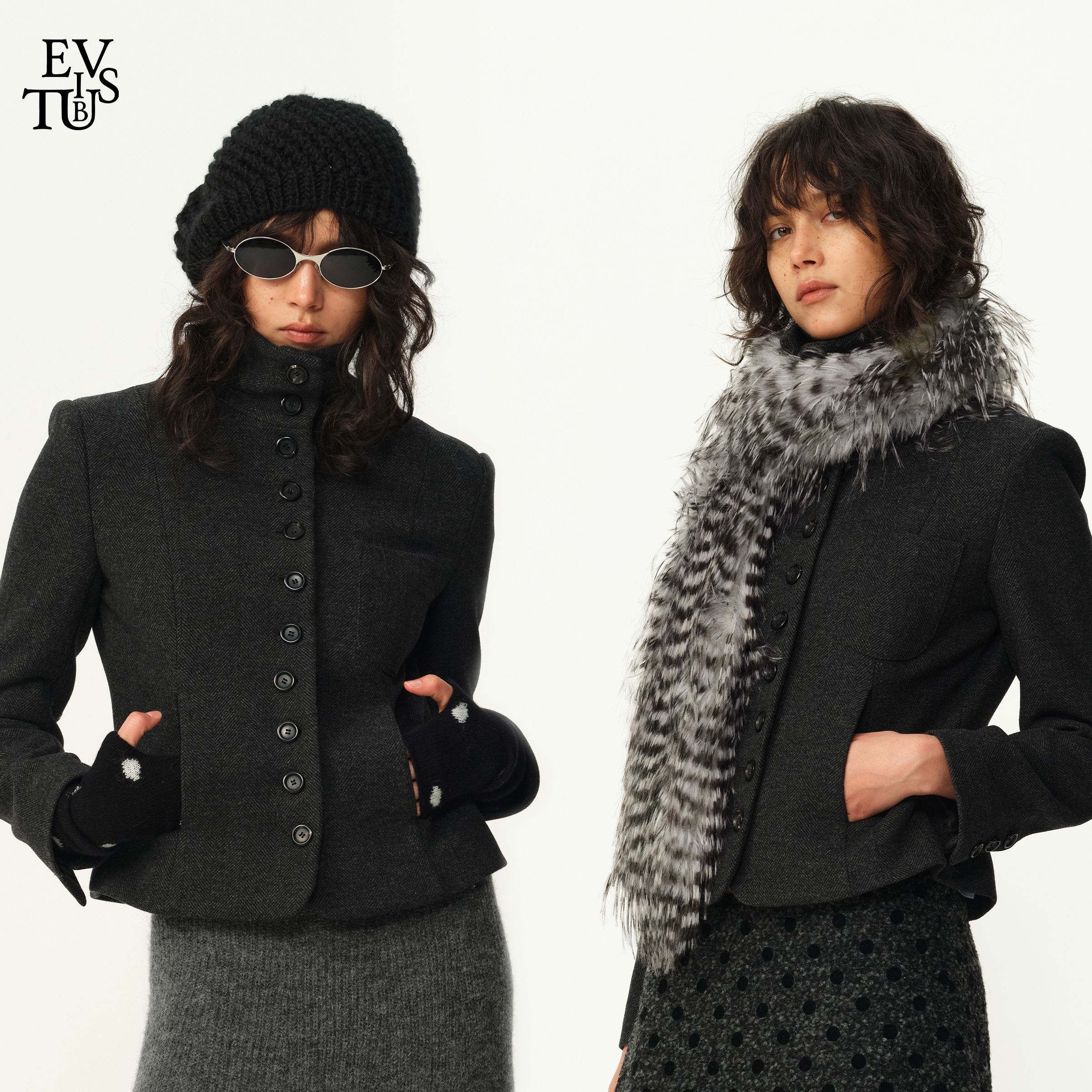 EVISTUB复古羊毛人字纹毛呢外套