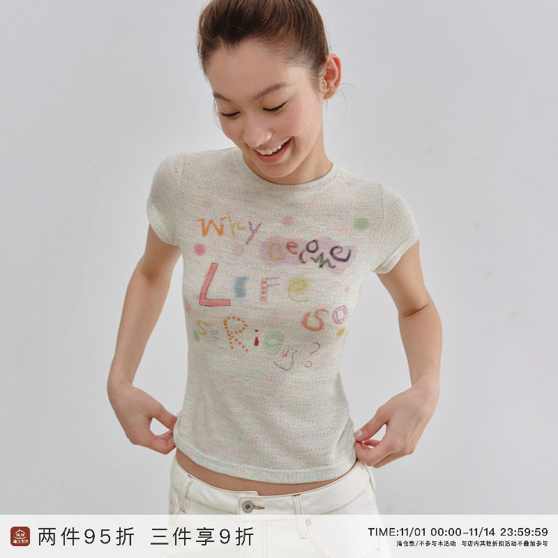 EviStub 色纺花纱透气复古彩虹印花修身正肩短袖T恤女夏长袖上衣