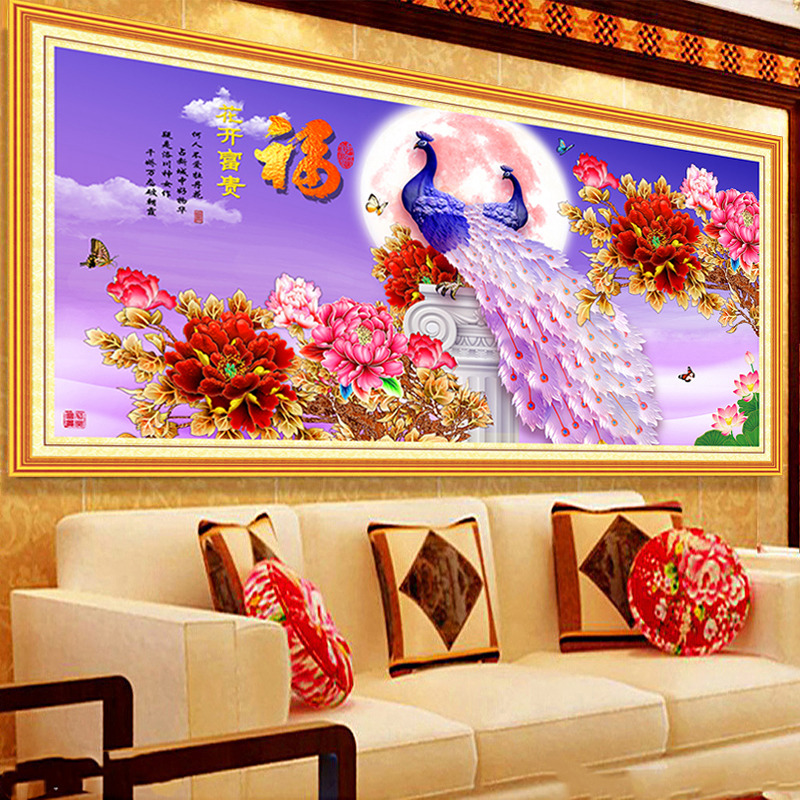花开富贵孔雀图2025新款客厅装饰画大气沙发背景墙壁画墙布自粘画图片