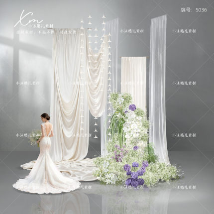 香槟色褶皱布幔白纱婚礼效果图白绿色满天星花艺分层素材psd文件