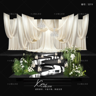 韩式 香槟色褶皱布幔婚礼舞台效果图白绿色花艺分层素材psd文件