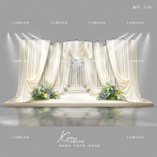 韩式香槟色褶皱布幔婚礼舞台效果图白绿色花艺分层素材psd文件