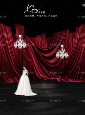 红色布幔婚礼舞台效果图psd水晶灯婚礼褶皱帷幔设计psd素材文件
