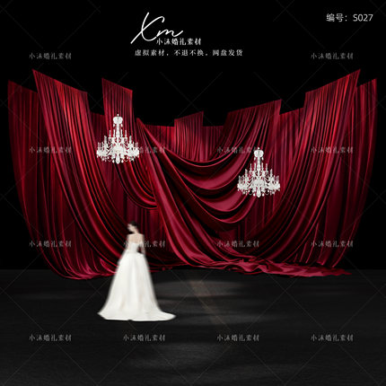红色布幔婚礼舞台效果图psd水晶灯婚礼褶皱帷幔设计psd素材文件