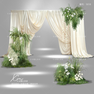 香槟白色布幔白绿自然系花艺韩式婚礼合影迎宾区手绘psd素材