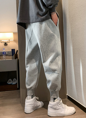 灰色休闲裤男韩版潮流运动裤秋冬加绒束脚裤宽松百搭卫裤痞帅长裤
