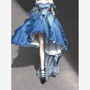 洛丽塔重工拖尾蓬蓬前短后长在逃公主裙蓝色花嫁礼服lolita连衣裙