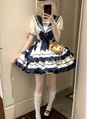 学院风可爱夏日海军风绀色水蓝色青春元气少女JK蛋糕裙洋装连衣裙