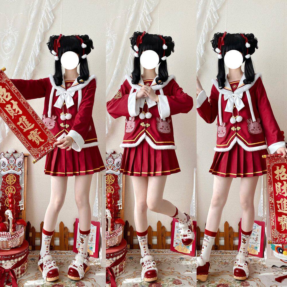 熊补补原创红色新年款战袍幼稚园jk制服套装水手服