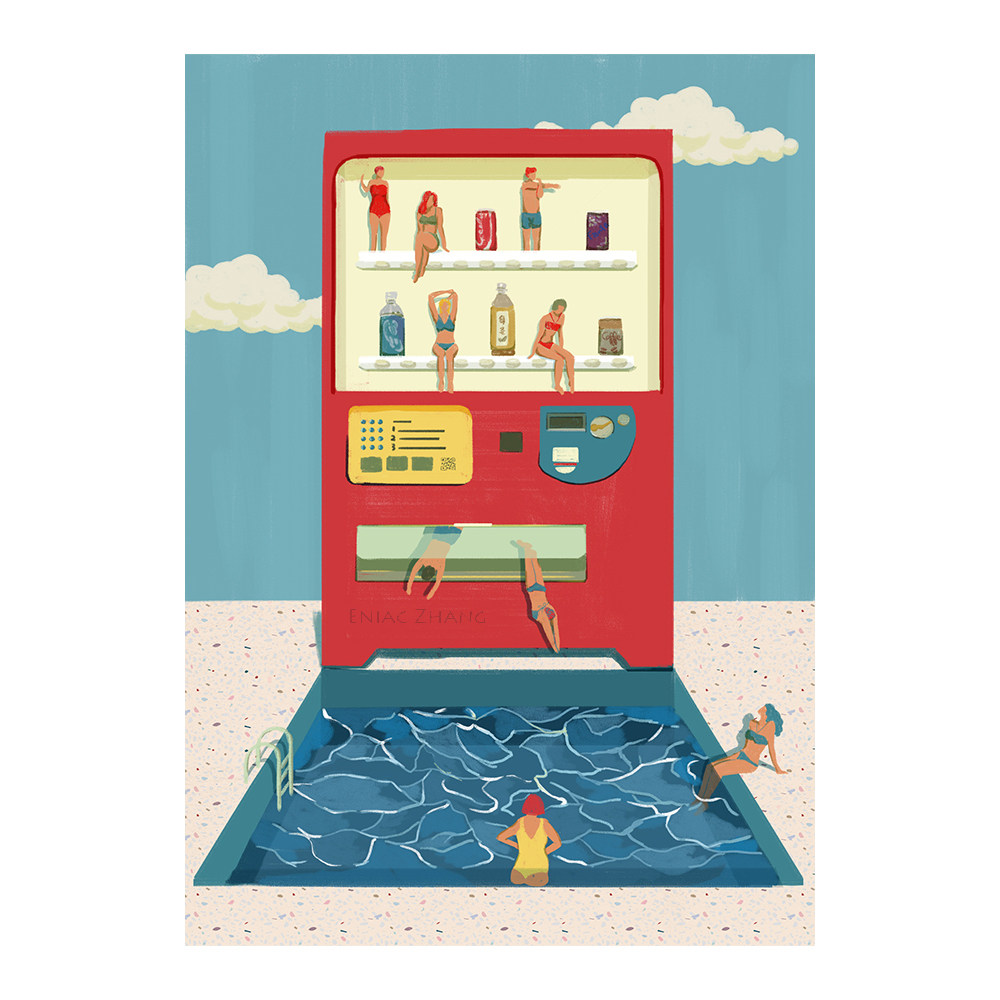 设计师原创插画泳池美式复古派对自动贩卖机ins风潮装饰画海报