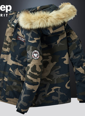 吉普冬季男士户外休闲连帽毛领加厚防风保暖棉服大码棉衣外套