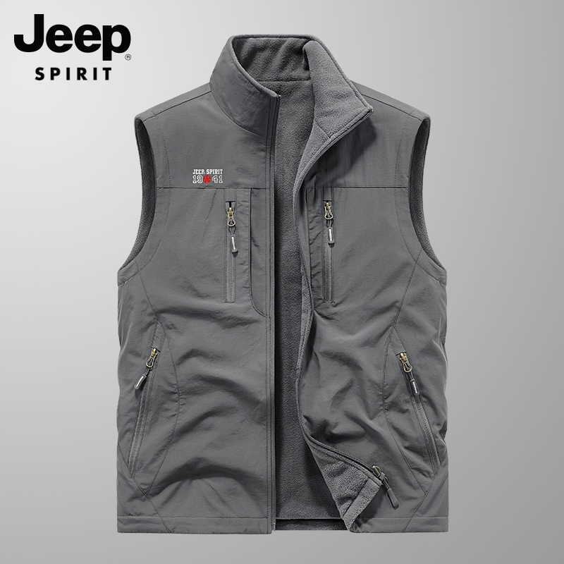 吉普双面穿马甲男秋季工装背心摇粒绒坎肩男士秋冬款加绒马夹