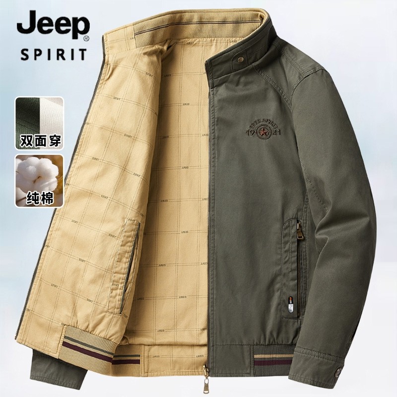 吉普春秋季男士休闲夹克户外宽松行政立领双面可穿茄克衫外套