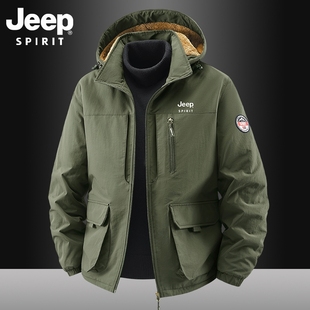 棉服外套 连帽加绒保暖休闲棉衣男可拆卸帽子男装 吉普秋冬款 男士