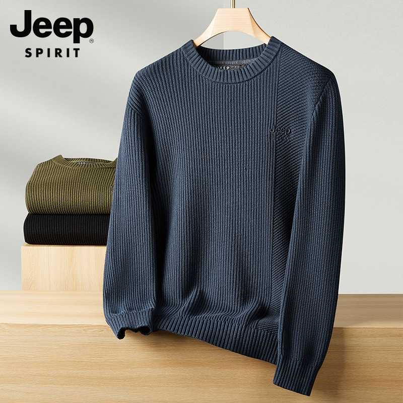 吉普冬季男士圆领加厚通勤商务休闲套头针织衫毛衣打底衫男装