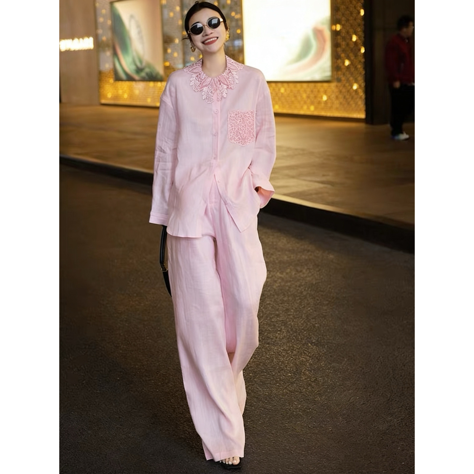 26年春款外贸绣花边领口袋法式复古衬衫+休闲裤套装(两件套)