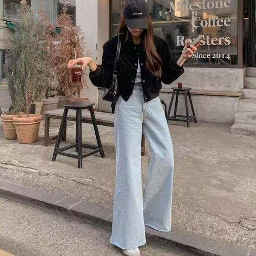韩国正品不退换 2525春装新款小众百搭宽松休闲阔腿牛仔裤