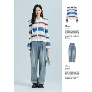 秋装 木X 条纹开衫 喇叭袖 706 专柜599 翻领薄针织衫 77%粘纤