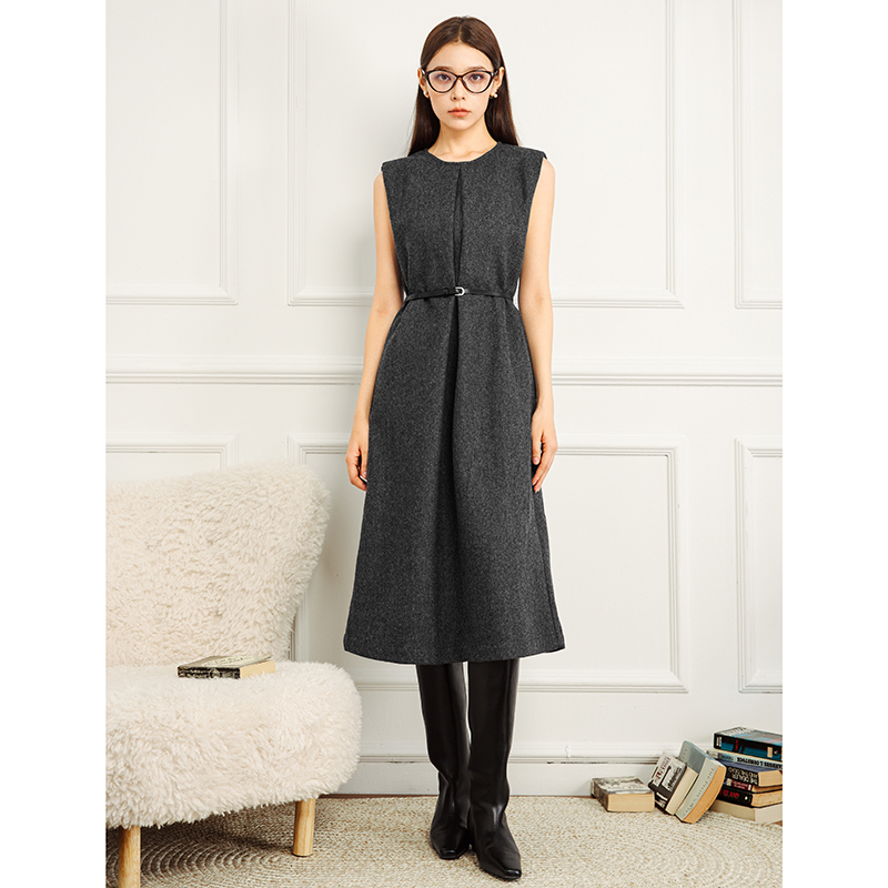 专柜799 48%绵羊毛【兰】冬装 无袖过膝港味休闲开叉连衣裙029