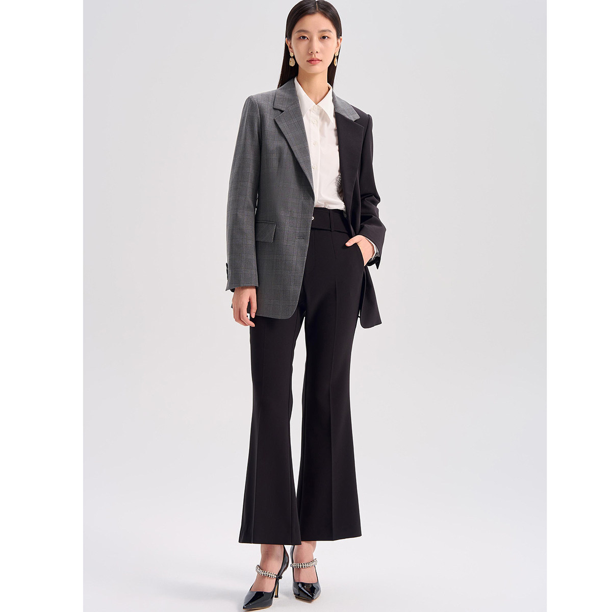 【真情】格子拼色一粒扣西装外套+喇叭裤套装321~秋季新款女装