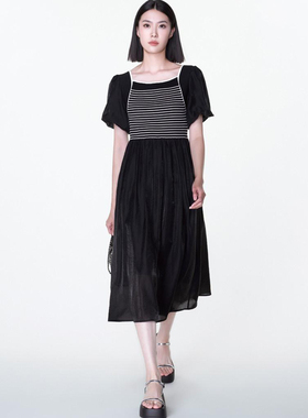 999 79.1莱赛尔【莫Y】 方领条纹针织拼接天丝连衣裙521~夏季新款