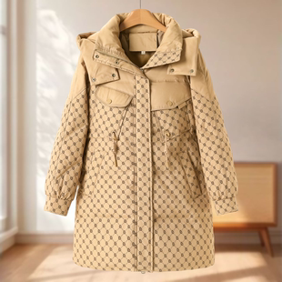 抽绳收腰插肩袖 绍 连帽拼接羽绒服567 冬季 女装 新款 妃