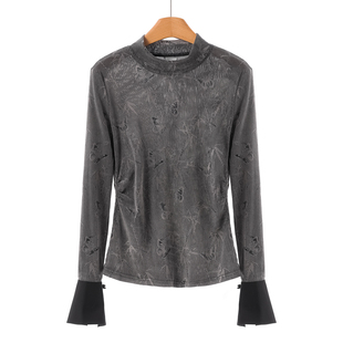 100锦纶 条纹T恤小衫 兹 拼接开叉喇叭袖 175 秋装 专柜559