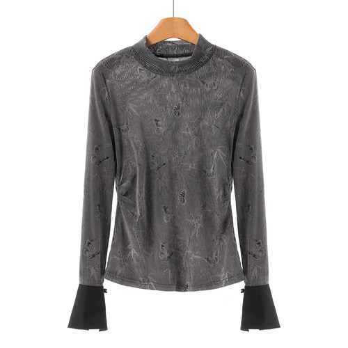 专柜559 100锦纶【兹】秋装 拼接开叉喇叭袖条纹T恤小衫175