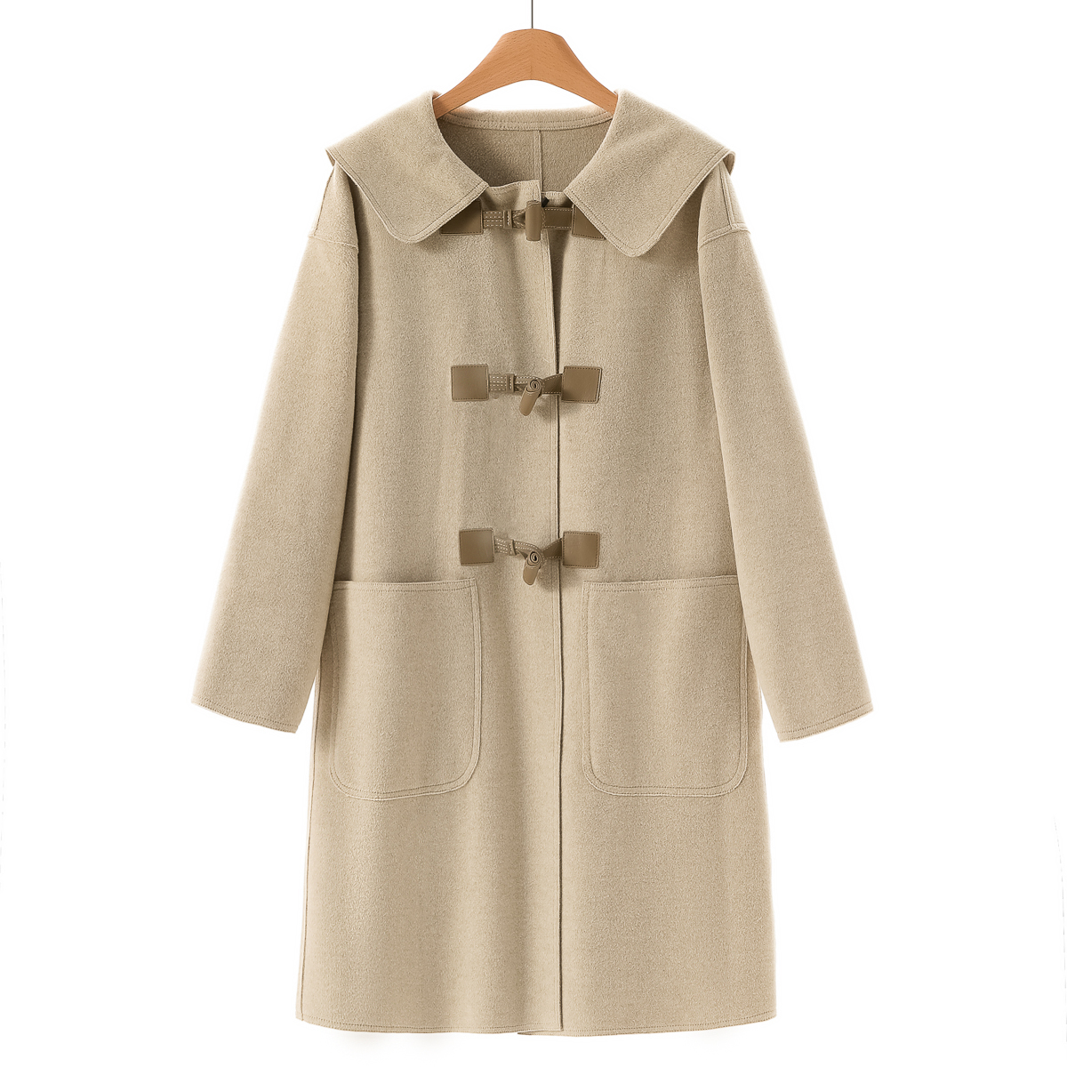 专柜969【兰】 含粘纤翻领皮攀扣纯色长款毛呢外套006~秋季新款女