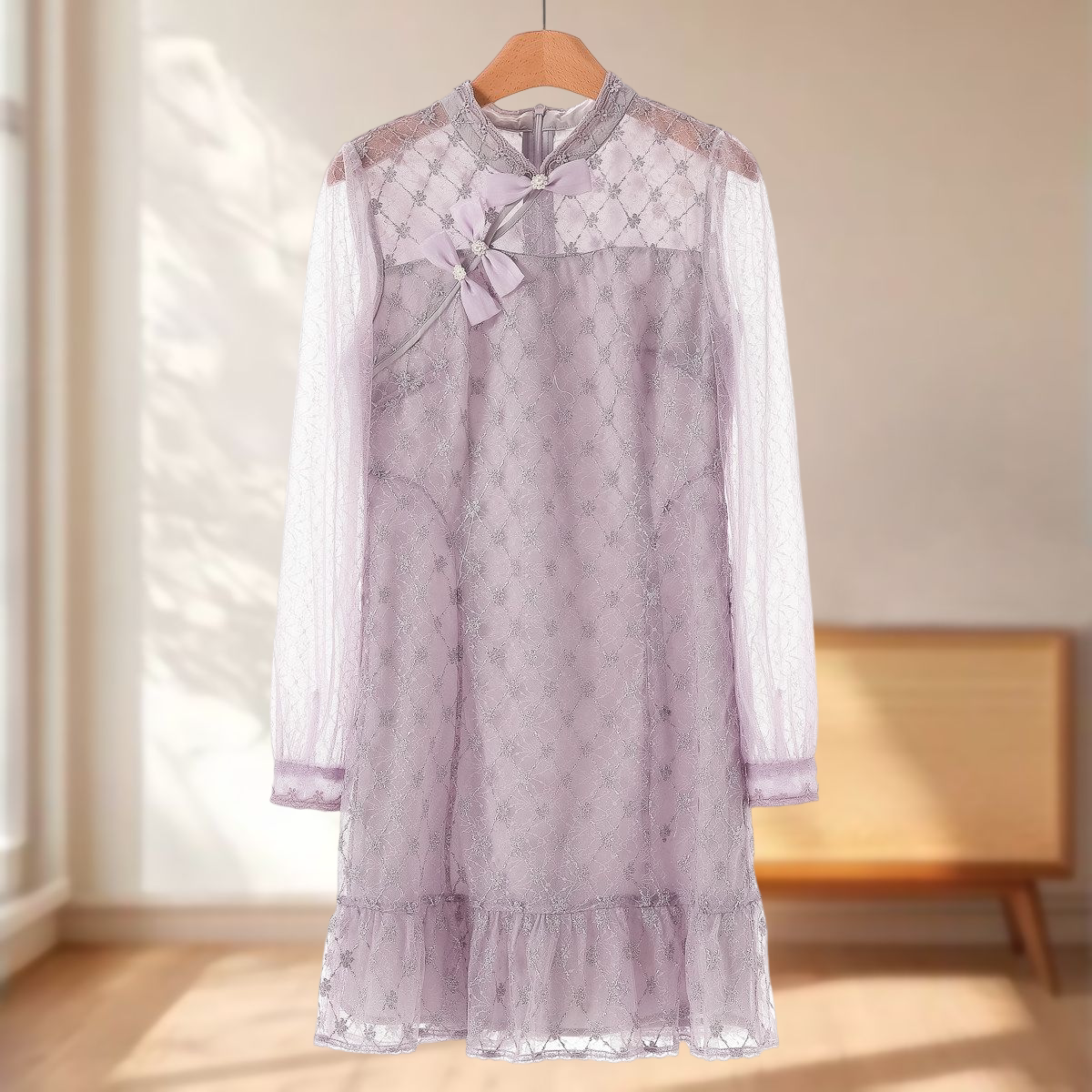 专柜1199 39%锦纶【蕾】秋装 甜妹显瘦蝴蝶结立领蕾丝连衣裙107