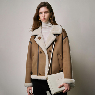 翻领可立领双排扣皮毛一体短款 秋装 外套202 兰 专柜1099