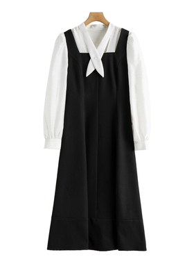 【麦】当季 法式方领拼接假两件撞色连衣裙HM879~秋季新款女装