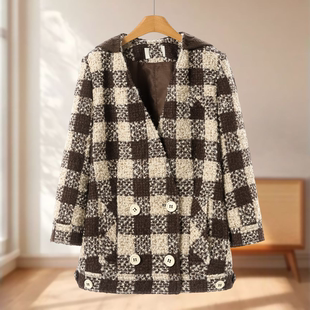 冬装 专柜2399 帝 10%羊驼毛 复古格子呢大衣845剪 30%绵羊毛