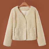 50%羊驼 羊剪绒大衣702 V领暗扣PU包边蝙蝠袖 南油 冬装