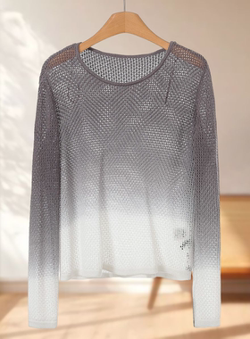 专柜499 66%莱赛尔+桑蚕丝【莫Y】春装  圆领渐变色镂空针织衫663