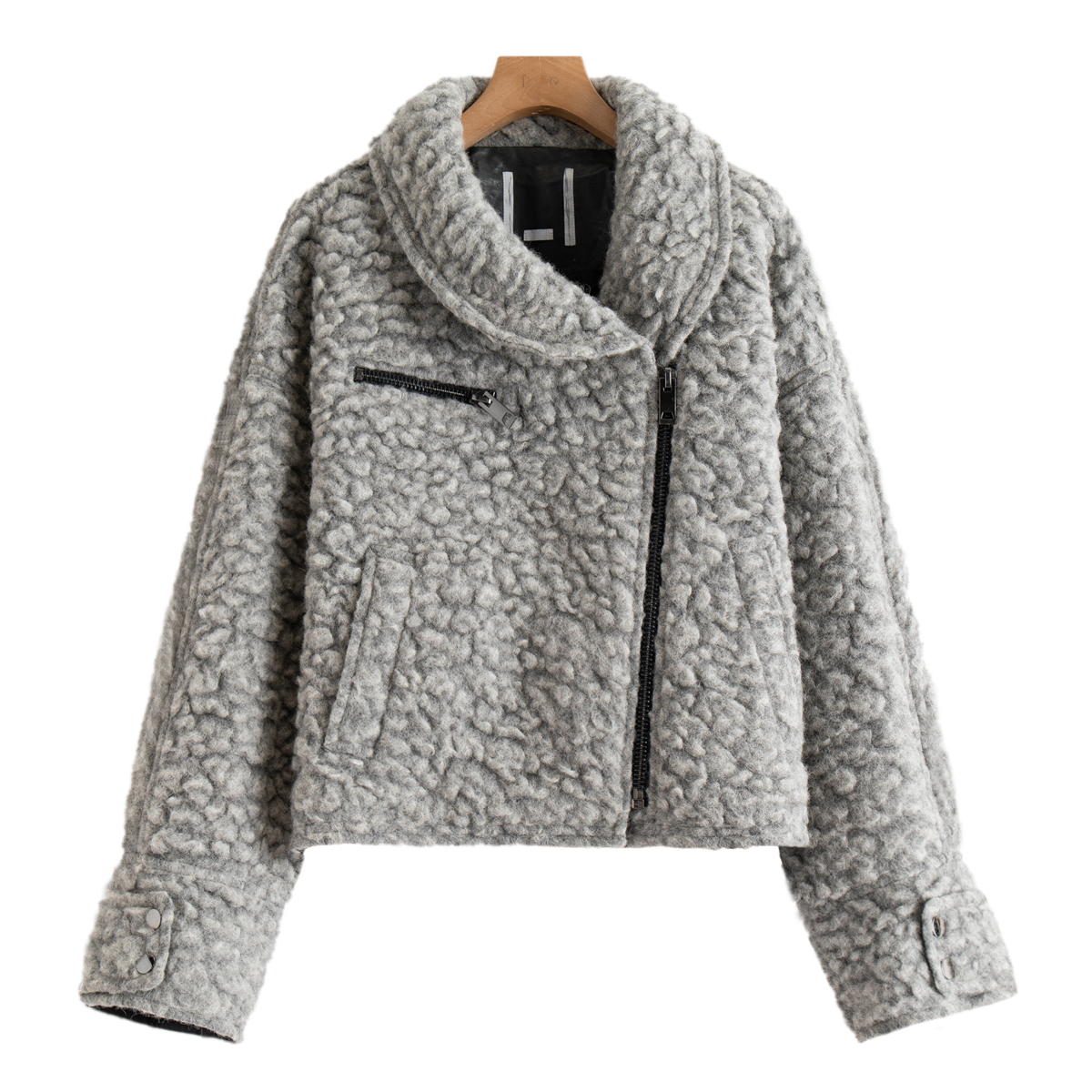 绵羊毛斜拉链蝙蝠袖短呢