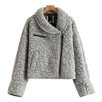 绵羊毛斜拉链蝙蝠袖短呢