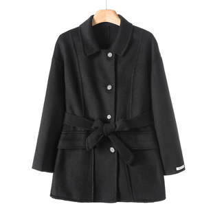 【奇】 翻领单排扣纯色配腰带双面毛呢外套374~冬季新款女装