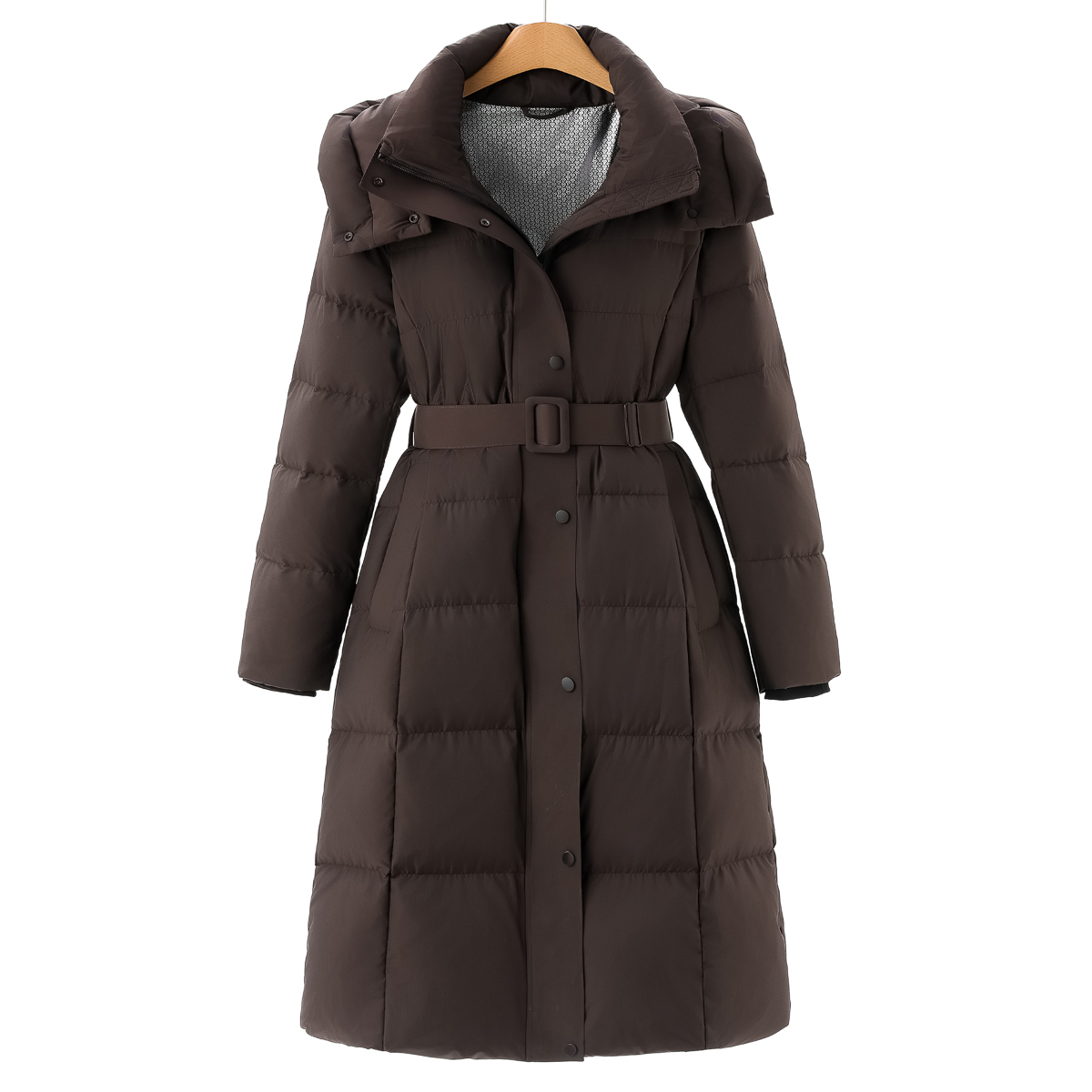 鹅绒服【博】25冬装 连帽可拆卸配腰带通勤气质长款羽绒服132