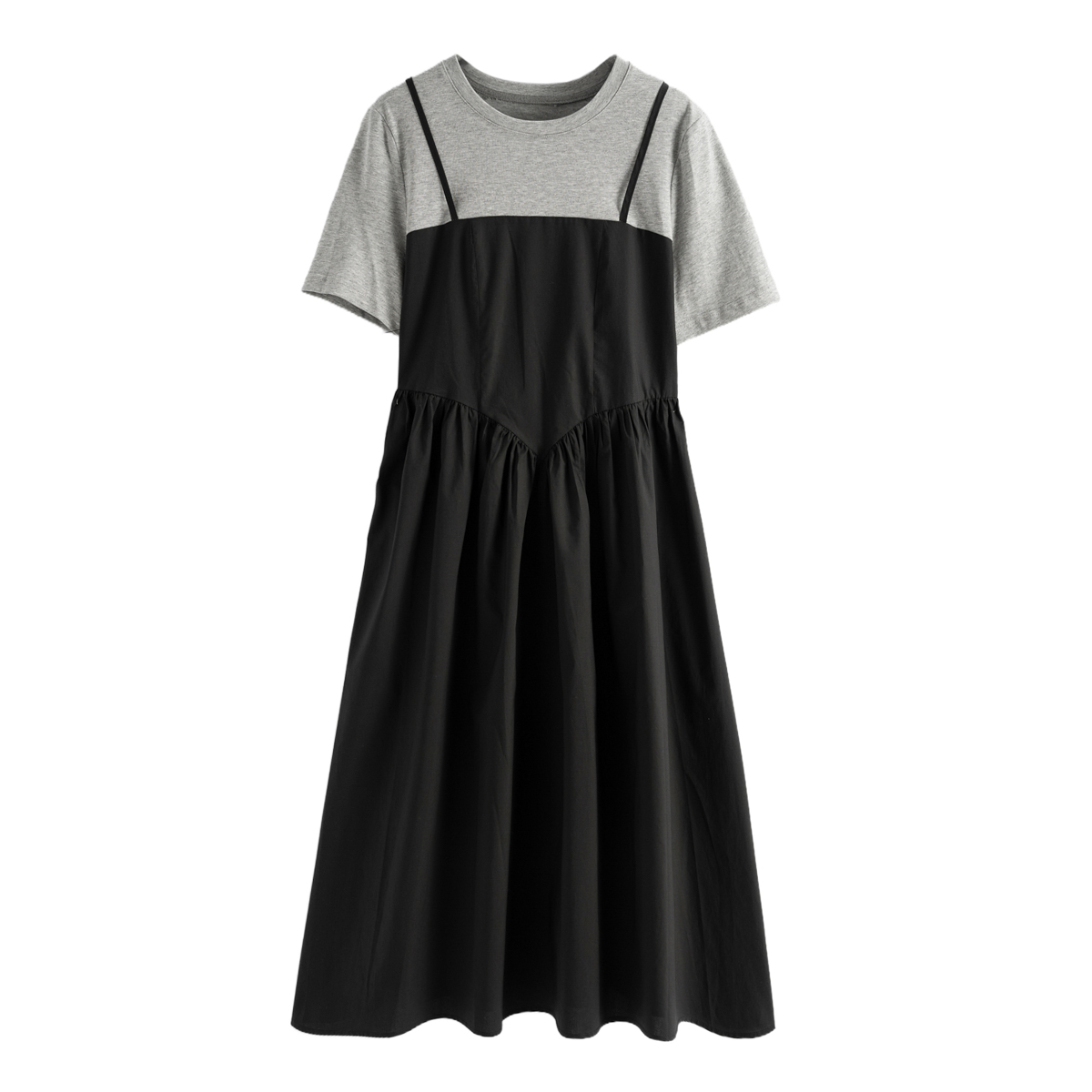 100棉拼接假两件撞色连衣裙