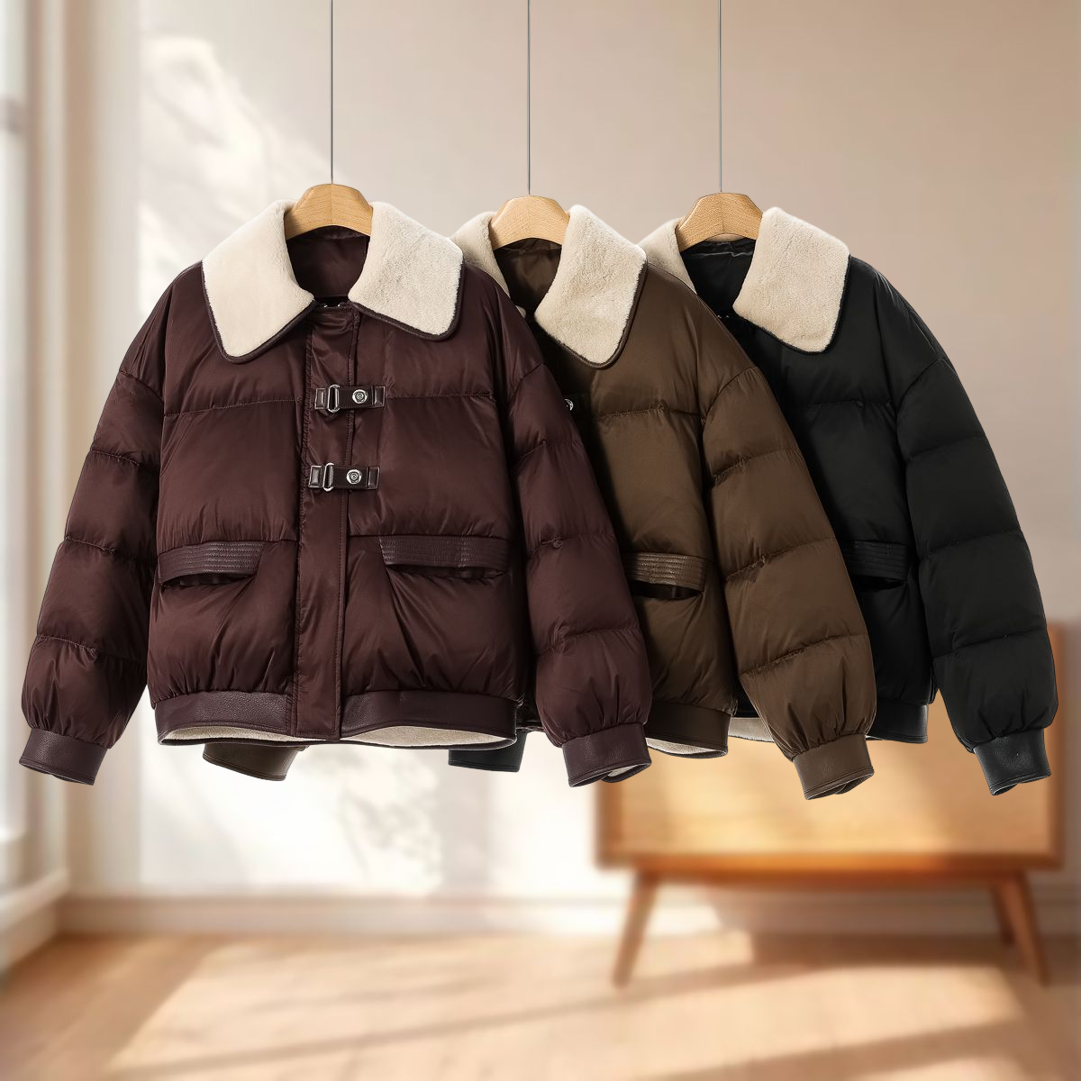 专柜1688【羽】冬装 仿羊羔毛PU皮扣袢翻领羽绒服622