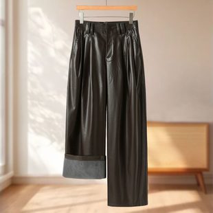 高腰打褶磨绒内里宽松皮质阔腿裤 冬装 211 莫Y 专柜699