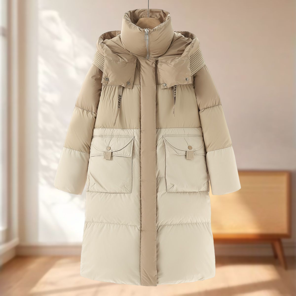 鹅绒服【博】25冬装 泡芙感连帽立领款拼色大口袋长款羽绒服753