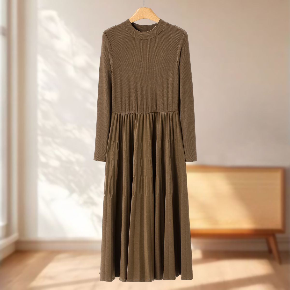 专柜699 91%粘纤【文】冬装 立领套头松紧腰拼接款百褶连衣裙801