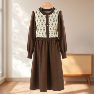 冬装 木X 菱格纹针织拼接系腰带连衣裙521 30%绵羊毛 专柜999