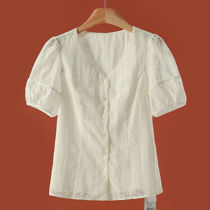 699 58%粘纤【桑S】 纯色V领镂空袖优雅气质衬衫769~夏季新款女装