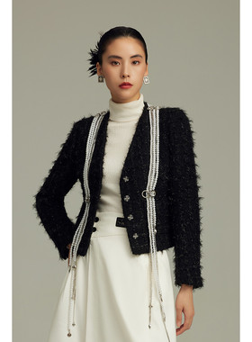 专柜2380【奢LD】秋冬 重工串珠链亮丝V领格纹短外套285