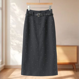 高腰不规则满天星烫钻开叉半长裙663 冬装 专柜699 莫Y